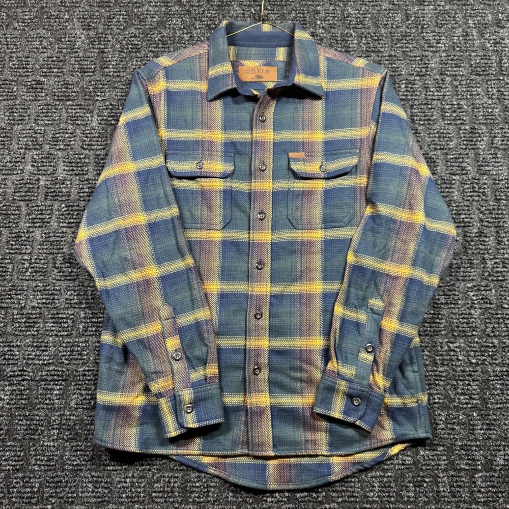 Orvis Mens Plaid Flannel Shirt Small Blue Green Yellow Cotton Button Up Lined
